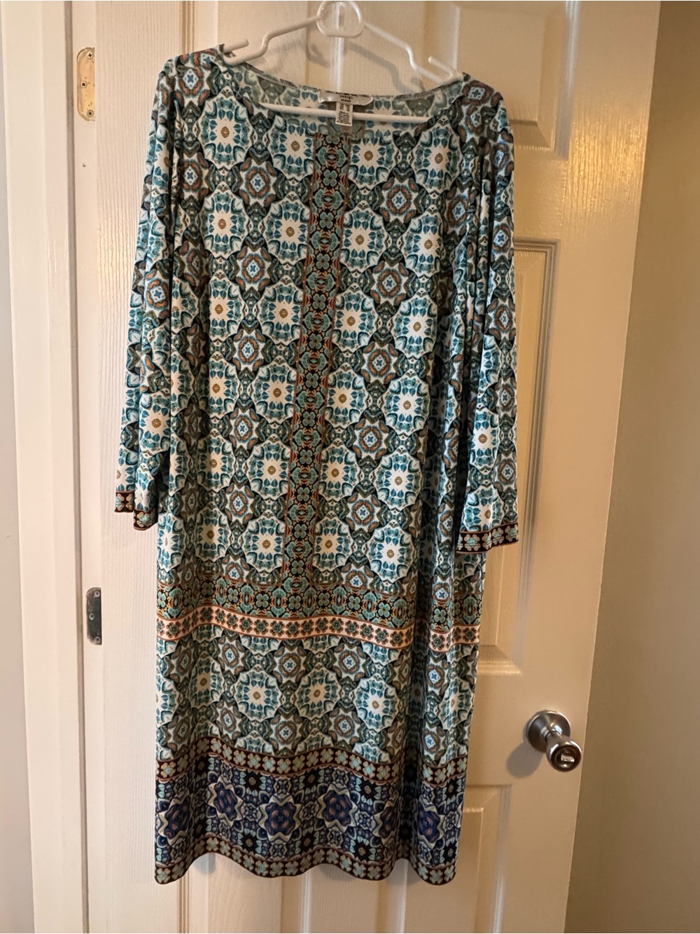 Patterned Boho Midi Dress in Teal and Brown